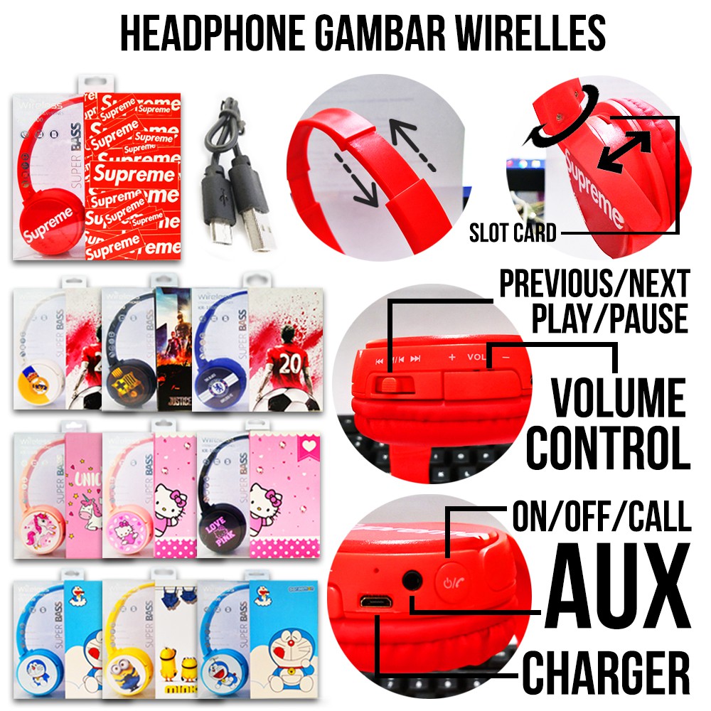 Headset Bluetooth Headphone Gambar Kartun Cewe Cowok Bola untuk laki laki