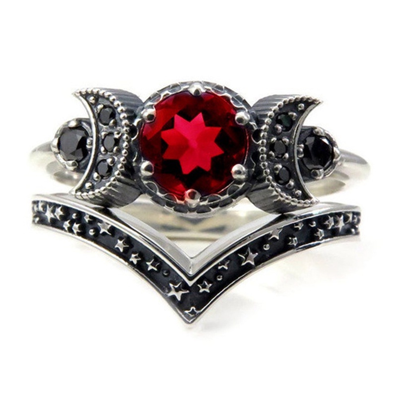 Cincin Wanita Desain Bulan Sabit Hias Batu Kecubung Merah + Zirconia Untuk Pertunangan / Pernikahan / Hadiah