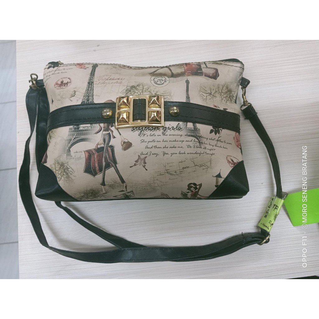Tas Print remaja Paris selempang mini tali panjang Hitam coklat 0005