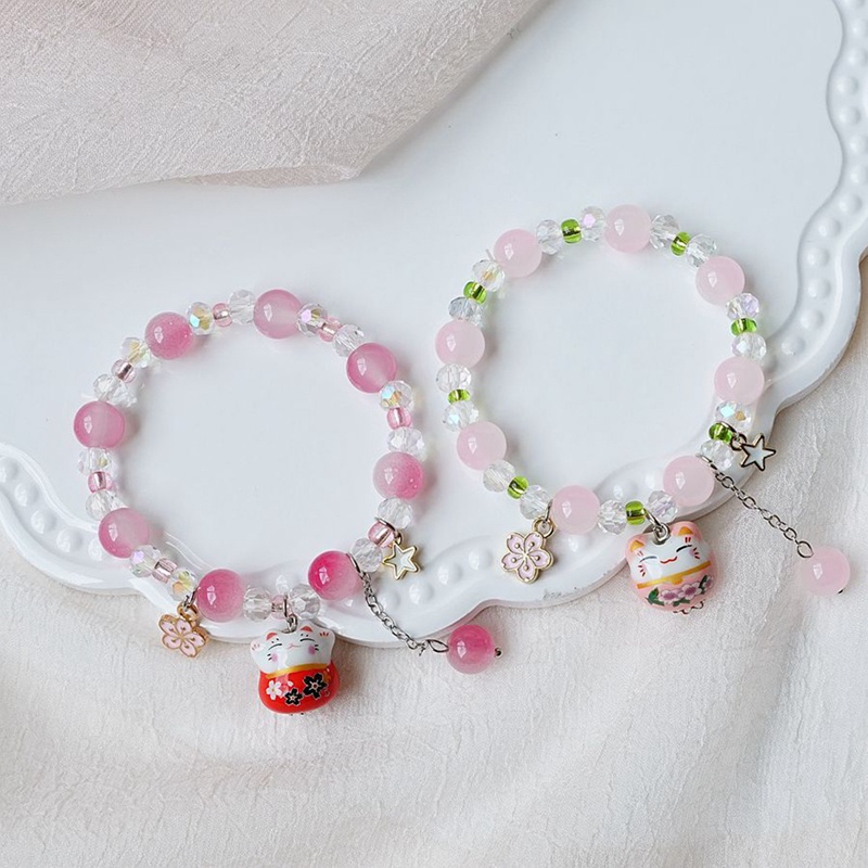 Gelang Manikmanik Batu Keramik Dengan Charm Kucing Keberuntungan Untuk Wanita