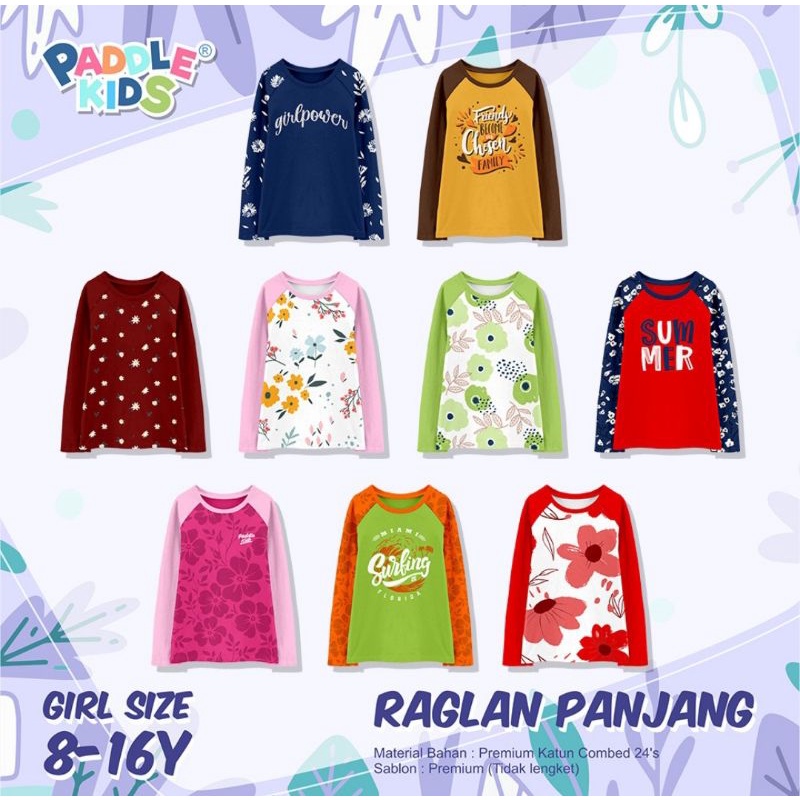 Kaos raglan reglan panjang anak cewek paddle kids size junior 8 10 12 14 16 tahun