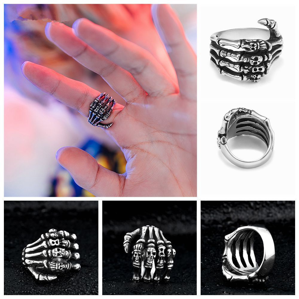 Cincin Bentuk Tangan Tengkorak Bahan Stainless Steel Gaya Vintage Gothic Punk Untuk Pria