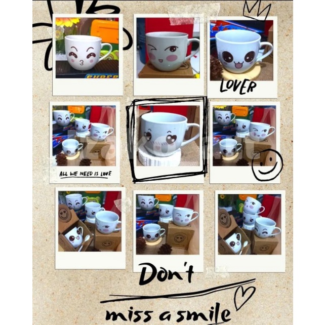 Izako Gelas Keramik Set Sendok / Cangkir Karakter Unik & Lucu / Gelas Motif Emoji / gelas kopi / gel
