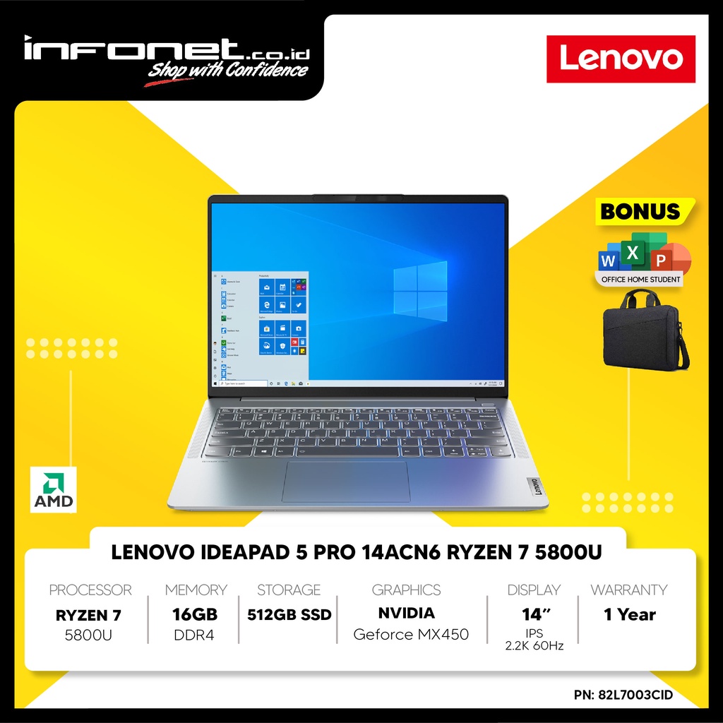 LENOVO IDEAPAD 5 PRO 14ACN6 RYZEN 7 5800U 16GB 512GB SSD MX450 2GB 14" 2.2K IPS 60Hz W10 OHS
