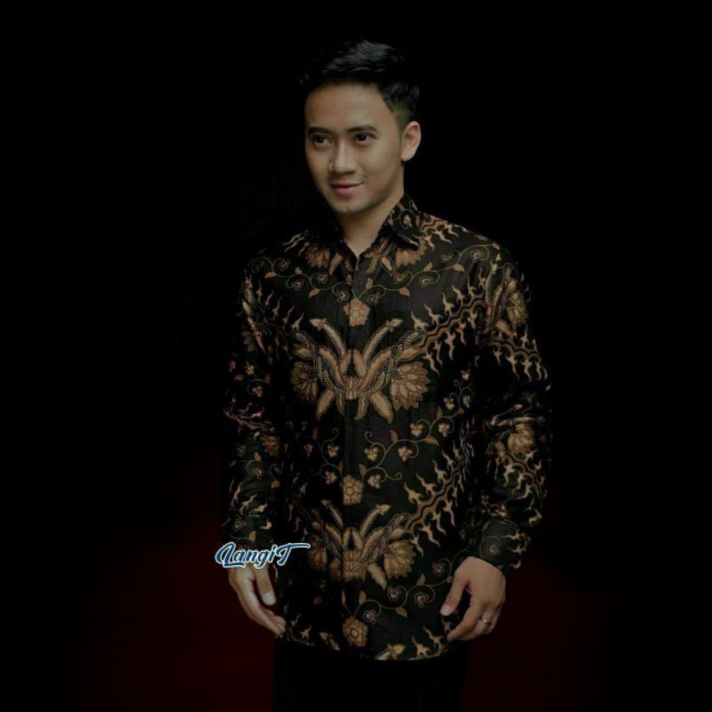 AJ LANGIT ATASAN KEMEJA BATIK WARNA HITAM KOMBINASI COKLAT SIMPLE KLASIK BIG SIZE JUMBO M L XL XXL
