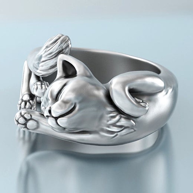 Cincin Model Terbuka Desain Kucing Hitam Totem Bahan Stainless Steel 925