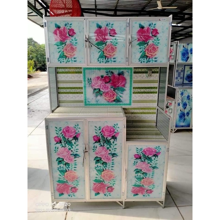 Lemari Piring Rak Piring Kaca 3 Pintu Bunga Alas Seng KHUSUS BOGOR