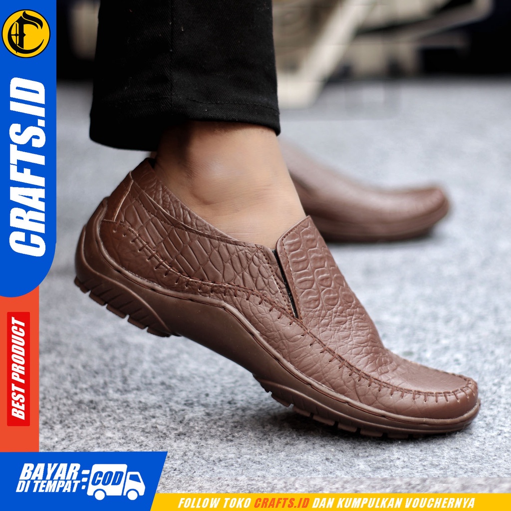 Sepatu Slip On Pria Sepatu Casual Pria Formal Kulit Asli Sepatu Pantofel Kerja Kantor Kuliah Kondangan Sepatu Slop Pria Sepatu Hitam Pria CRAFTS CROCO