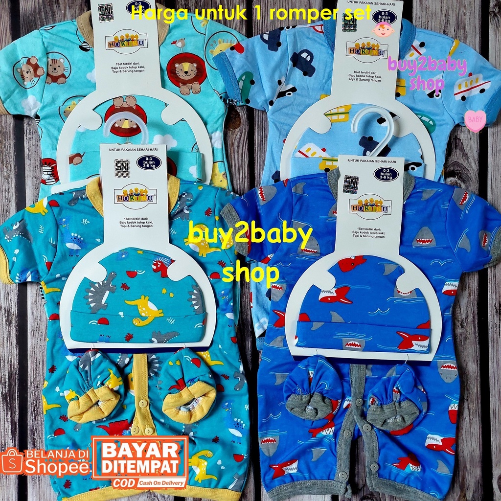 Jumper baju kodok bayi buka kaki set 3 in 1 Hokiku 0-3 Bulan 1 PCS