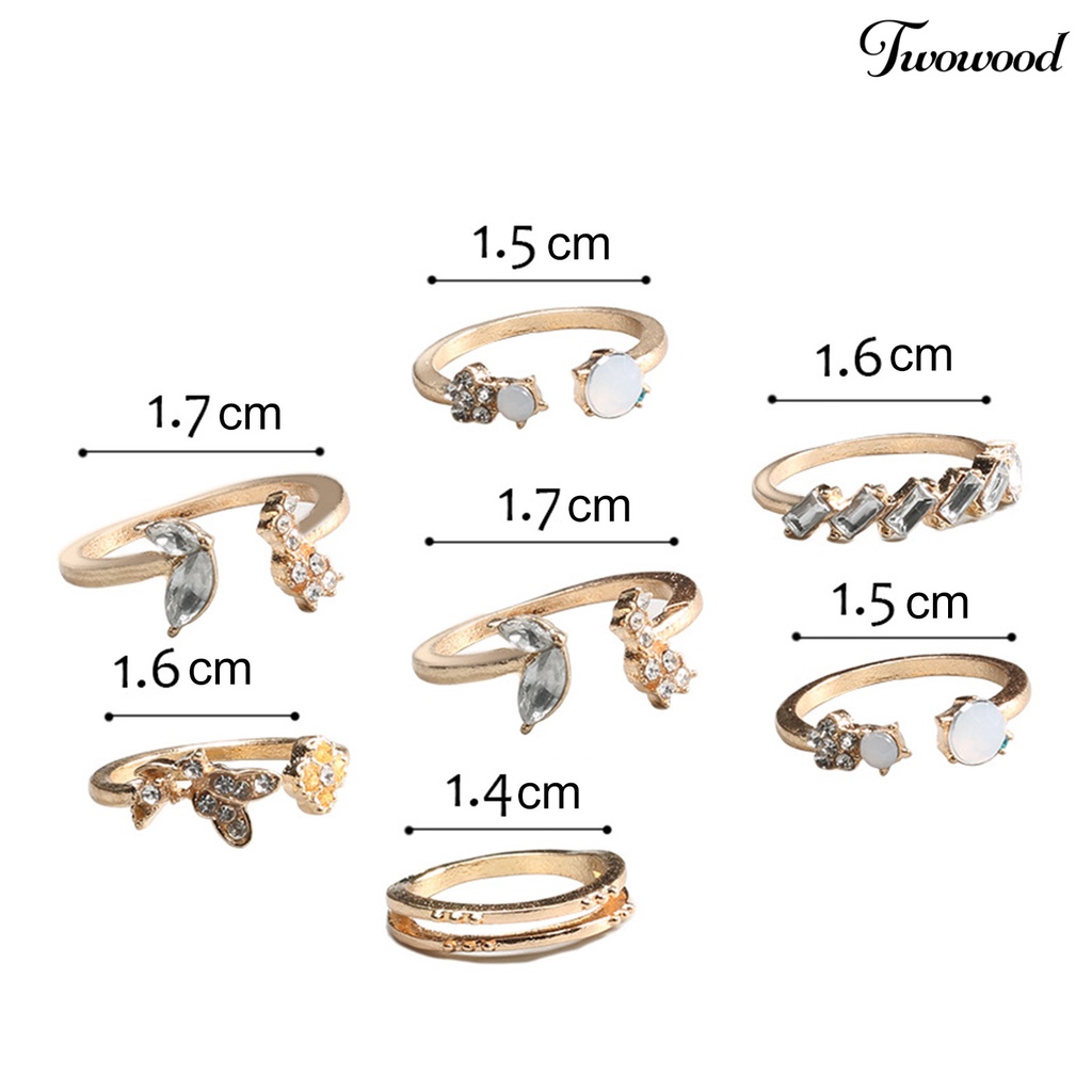 Twowood 7Pcs Elegant Opening Ring Shiny Rhinestones Wear-resistant Female Temperament Finger Ring for Decoration