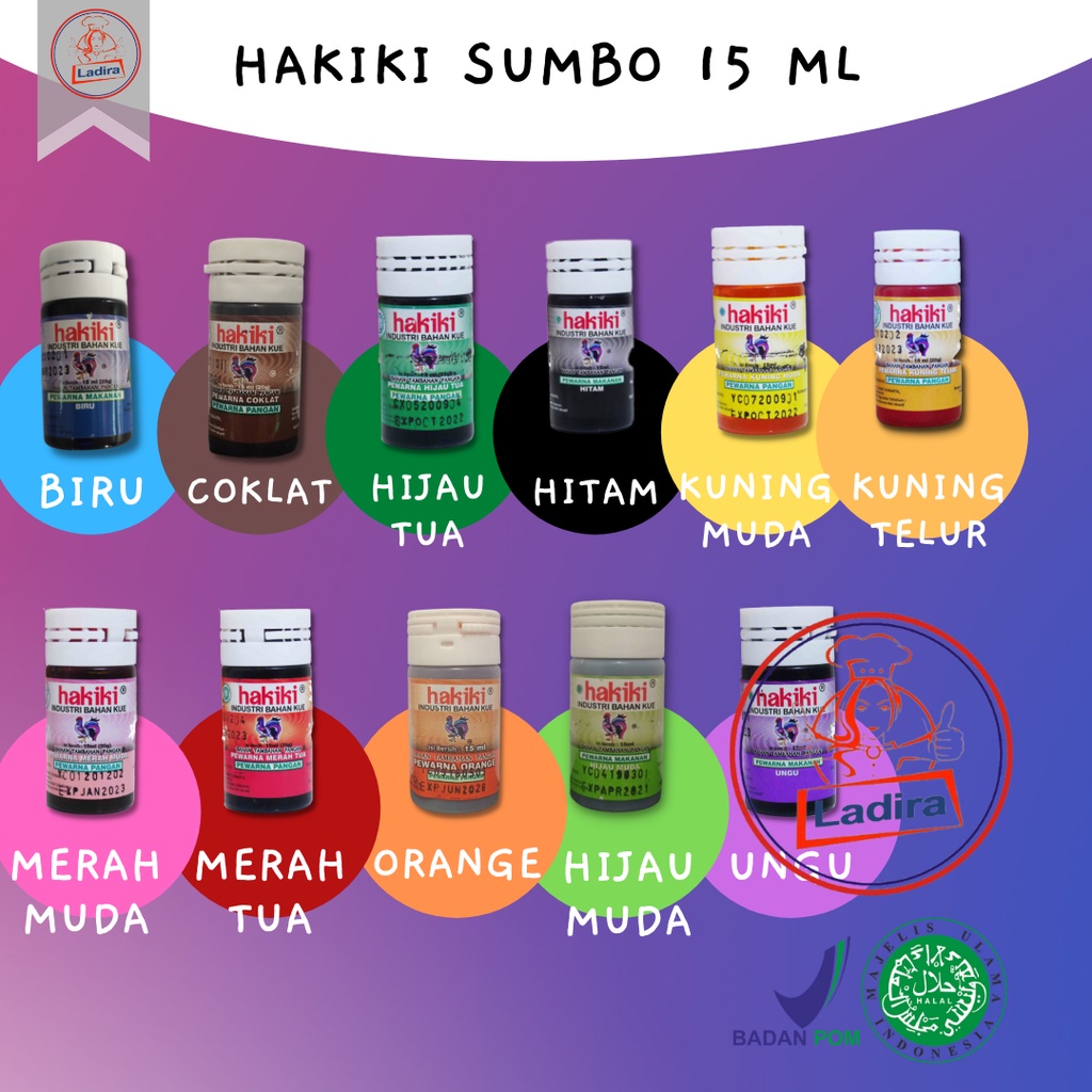 

HAKIKIE SUMBO 15 ML bahan kue dan roti food grade adonan kue BIRU / COKLAT / HIJAU TUA / HITAM / KUNING MUDA / KUNING TELUR / MERAH MUDA / MERAH TUA / ORANGE / HIJAU MUDA / UNGU halal BPOM 15ml