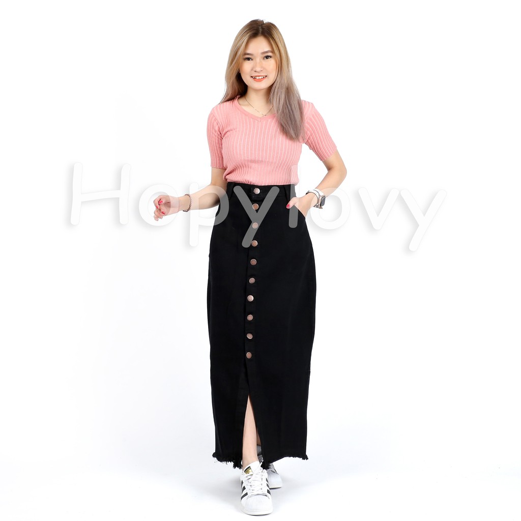 HOPYLOVY - Rok Jeans Panjang Wanita Kancing Depan Belah Front Slit Caca