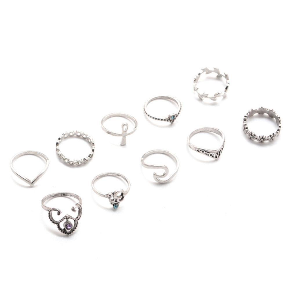 Timekey 10pcs / Set Cincin Midi Silver Wanita Desain Bunga / Daun Hollow Hias Kristal Berlian Imitasi A4K8