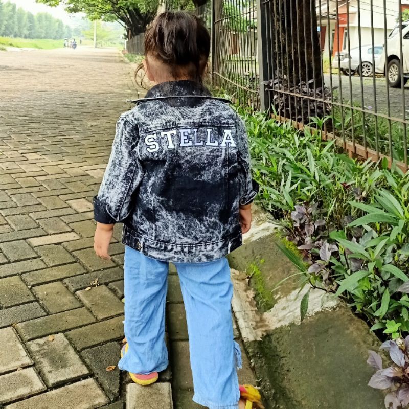 Jaket jeans anak snow wash costum nama