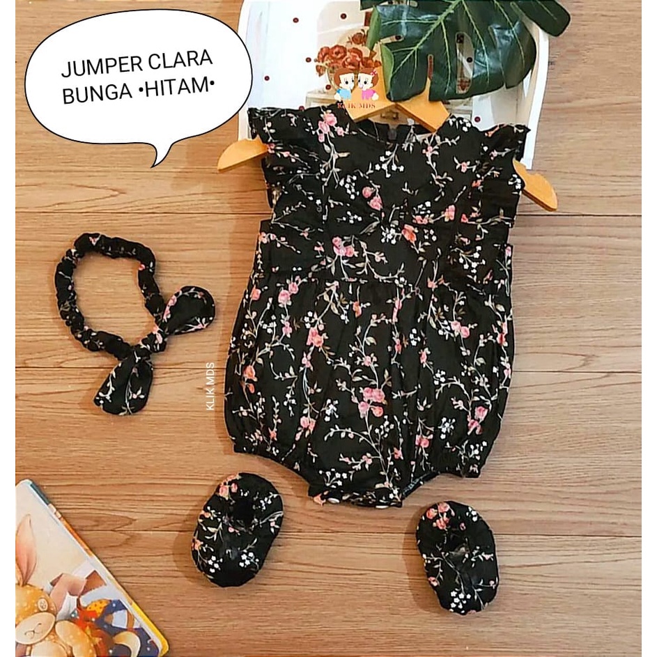 Jumper Anak Bayi Perempuan Motif Clara Bunga Free Sepatu Dan Headband Usia 0-9 Bulan