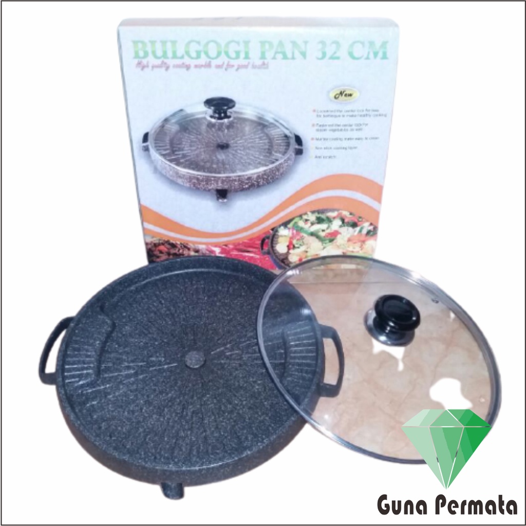 Bulgogi Marble Grill Pan Korea Jumbo 32 cm | Panggangang BBQ Teflon Keramik Marbel + Tutup Kaca
