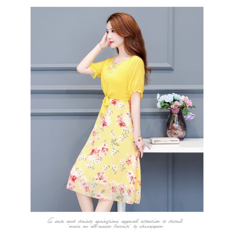 Dress wanita kuning Motif bunga cantik sifon Korea lengan pendek elegant
