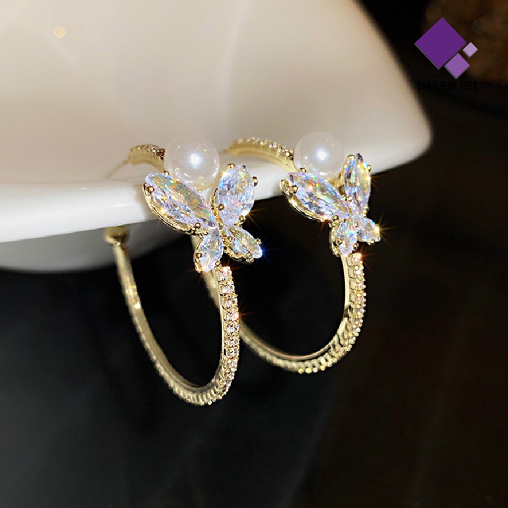 1 Pasang Anting Stud Berlian Imitasi Inlay Bentuk C Butterfly