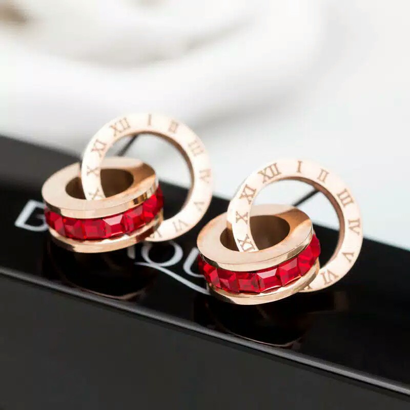 GG Anting Angka romawi Batu Zicron Merah #AT-111M