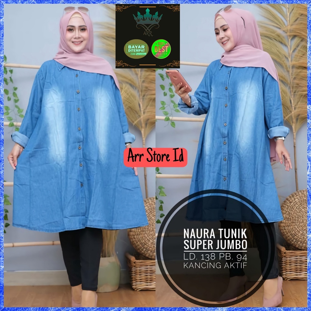 Baju Atasan Tunik Jeans Denim Jumbo Wanita Terbaru 2021 Kekinian Busui Polos Kancing Aktif Premium Ld 138 P 94 Naura Tunik JumboAllsize