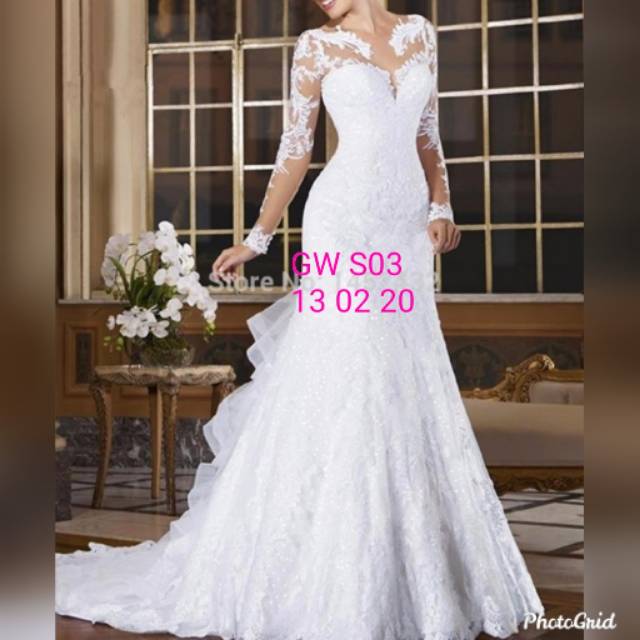 Gaun Wedding Pengantin Lengan Panjang Ekor Ramping Gaun