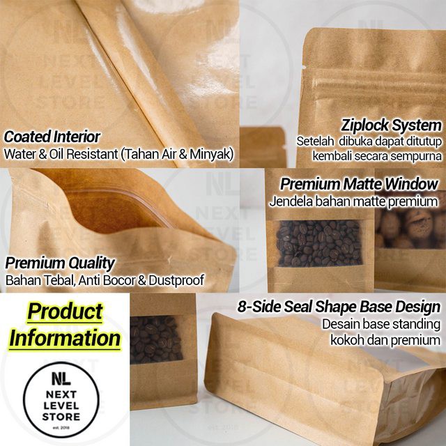 Standing Pouch 20x30+8CM Brown Kraft 8-Seal Shape Design Paper Ziplock