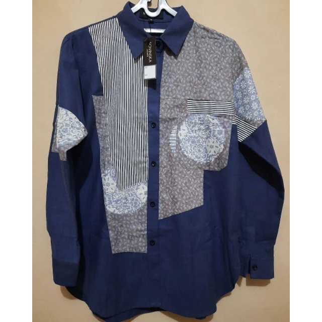 Sovinska Atasan Batik Kombinasi WP218 NewBlus Blouse Baju Kerja Wanita Modern-v2 Garis Hitam