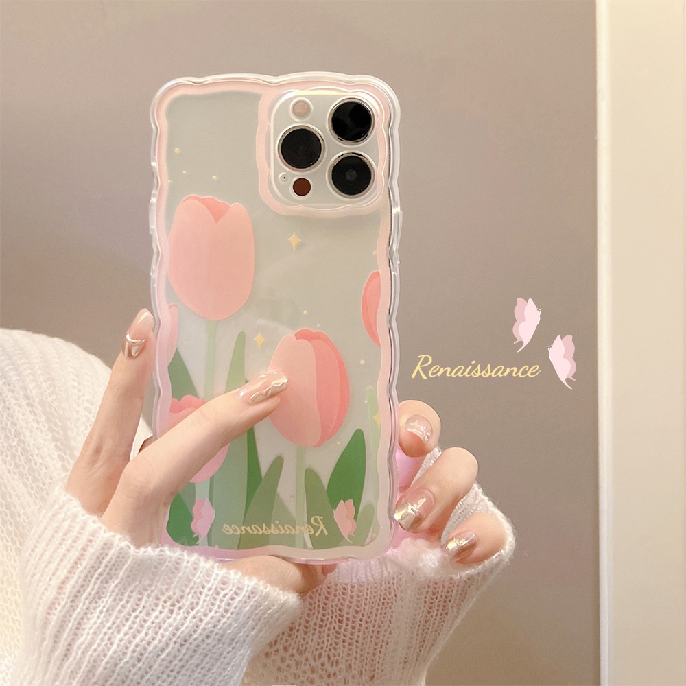 IPHONE Pink Tulip Bunga Bentuk Gelombang Transparan Manis Casing Pelindung Ponsel Cover Untuk Iphone7 8 PLUS X XR XS 11 12 13 14 MINI PRO MAX SE 2020