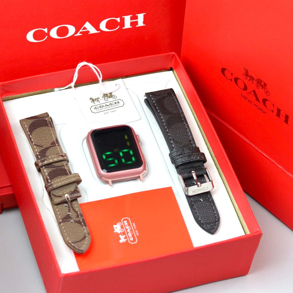 JAM TANGAN WANITA COACH C6504-PW  DIGITAL LED TALI KULIT FULLSET