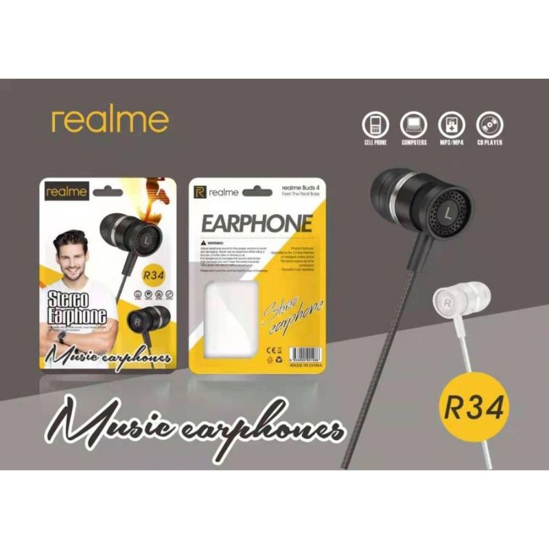 Headset Realme R34 Stereo Handset Hansfree HF Realme R34 Bass Earphone Realme R34 Bass Mic