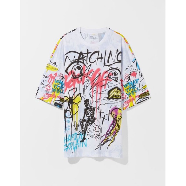 Extra Loose Short Sleeves tshirt with print Kaos Pria Bershka Man ORIGINAL