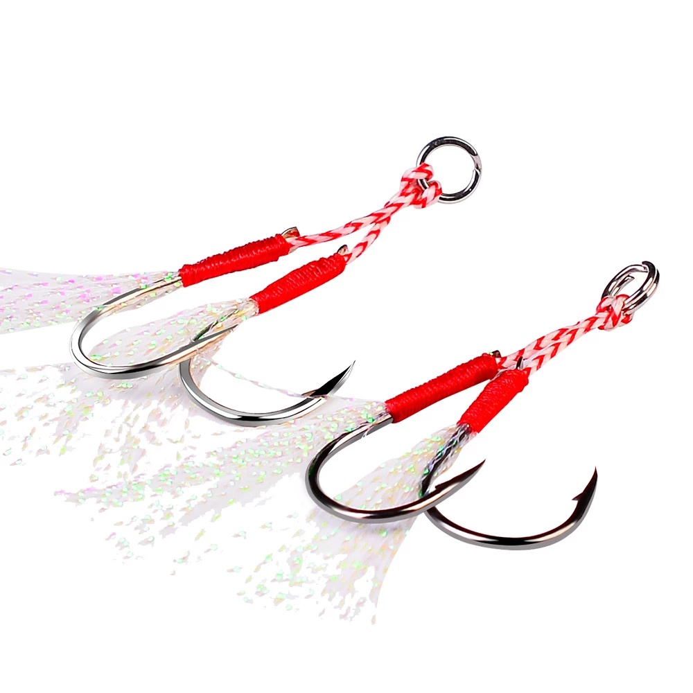 REBUY Fishing Tackle Fishing Jigging Hook Fishing Lure Jig Head Hook Double Jig Hooks Slow Jigging Fishing Hook High Carbon Steel Pesca Thread Feather Fishing Accessories Double PairHooks