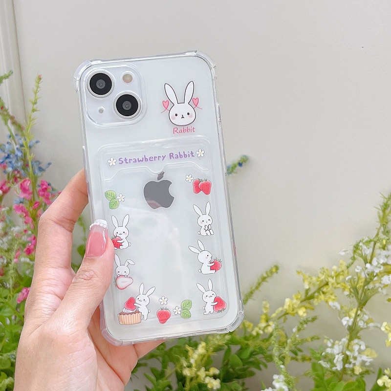 Soft Case Transparan Desain Kelinci Strawberry Untuk iPhone 12 13 Pro MAX 11 X XR XS MAX 7 8 Plus