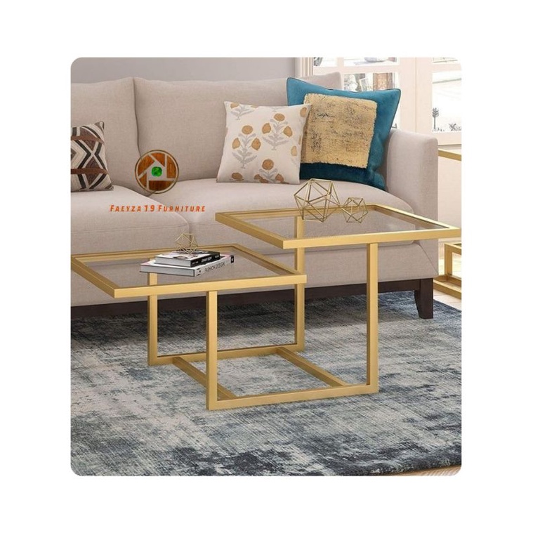 Top meja tamu kaca rangka kaki besi