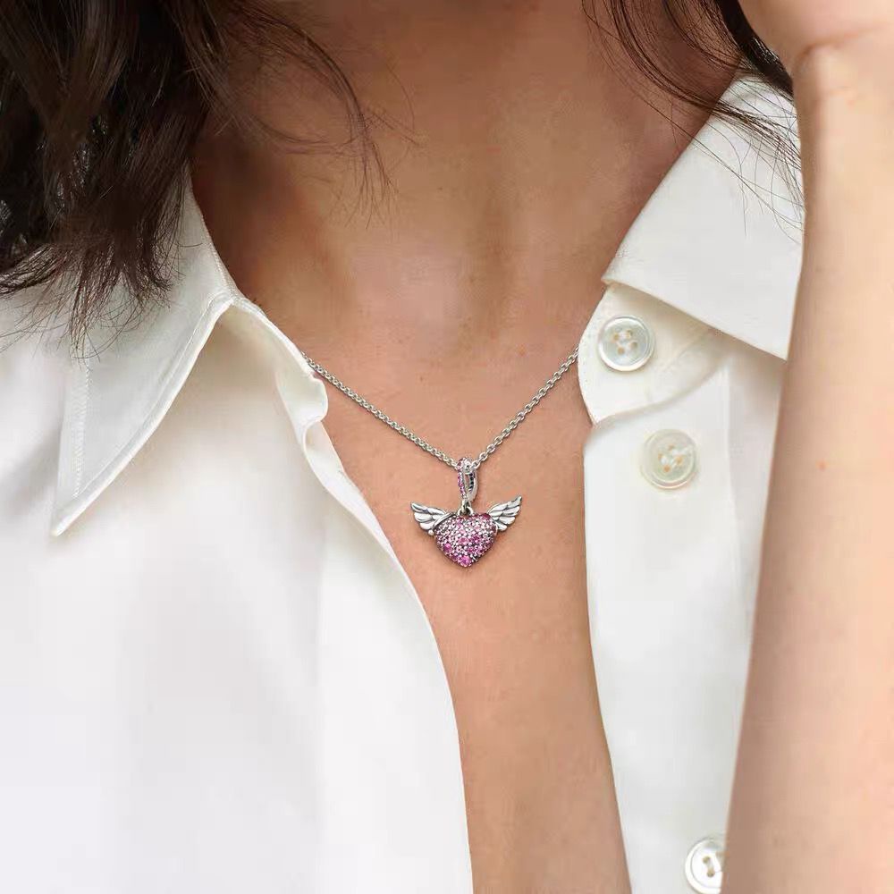 Pandora Kalung 925 Silver Micro-Set Diamond Angel Wings Heart Pendant Untuk Wanita