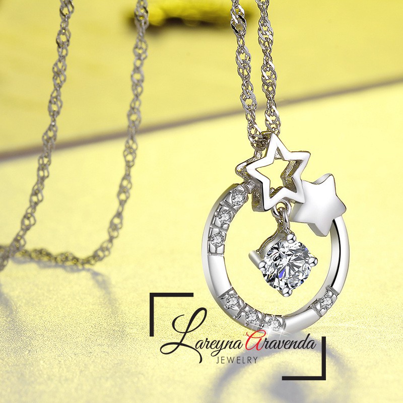 Kalung Titanium Asli + Liontin Wanita Motif Double Star Crystal KL035