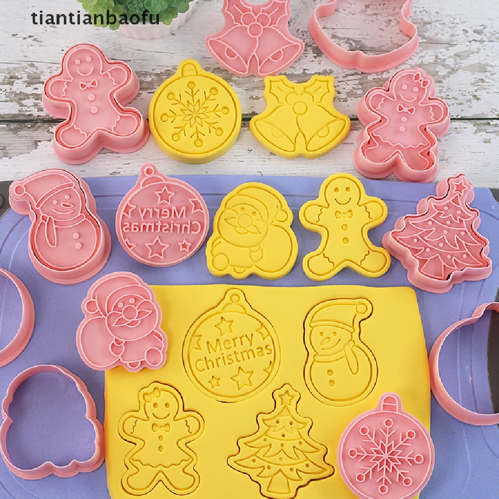 8pcs Cetakan Pemotong Kue / Biskuit Bentuk Stempel Natal 3D