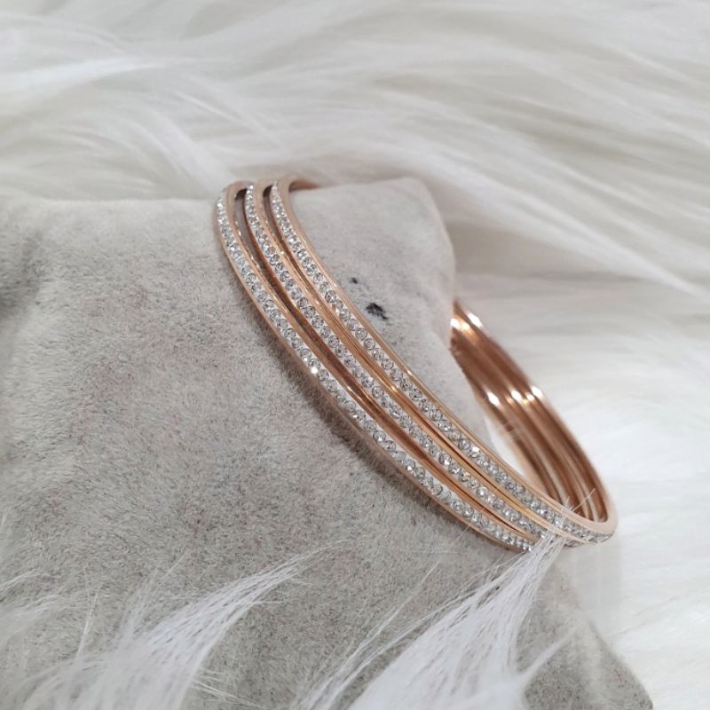 Gelang Titanium asli Rosegold Mata kilau mirip emas asli Gelang keroncong isi 3pcs full mata Premium Quality anti karat anti alergi Stainless steel ori Rosegold 9801