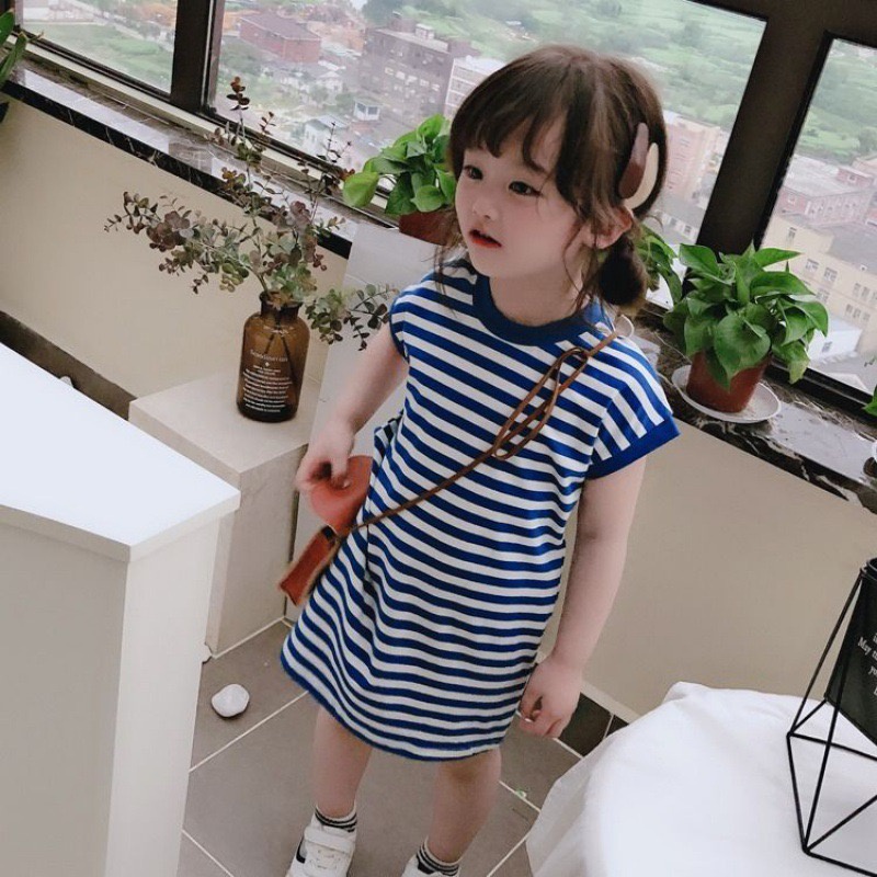 Dress T-shirt Anak Perempuan Tanpa Lengan Motif Strip Biru Import