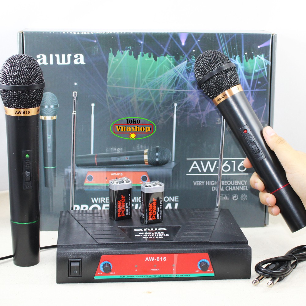 Microphone Wireless Aiwa AW-616 Mic Tanpa Kabel 2 Handle Mik Werles