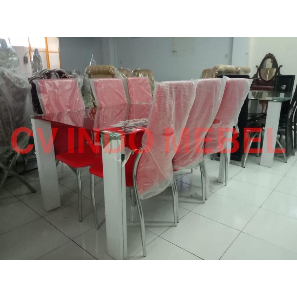 Meja Makan 6 Kursi impor merah minimalis mewah ready makassar murah