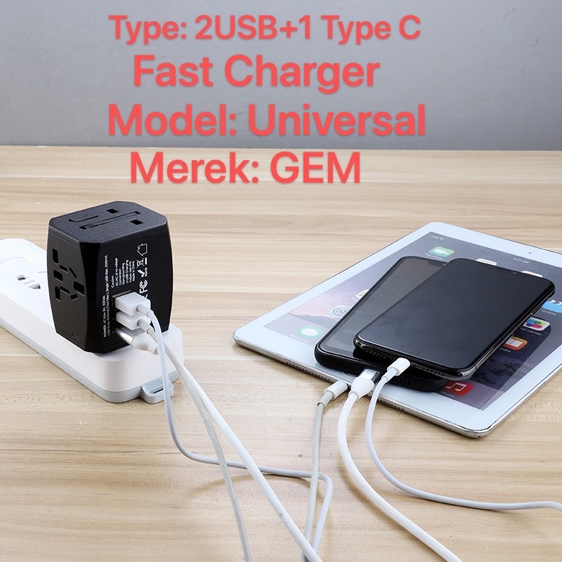 Universal Travel Adaptor/Adaptor Internasional/Adaptor Charger Plug/ Stop Kontak/ Colokan Listrik 2USB+1TYPE C