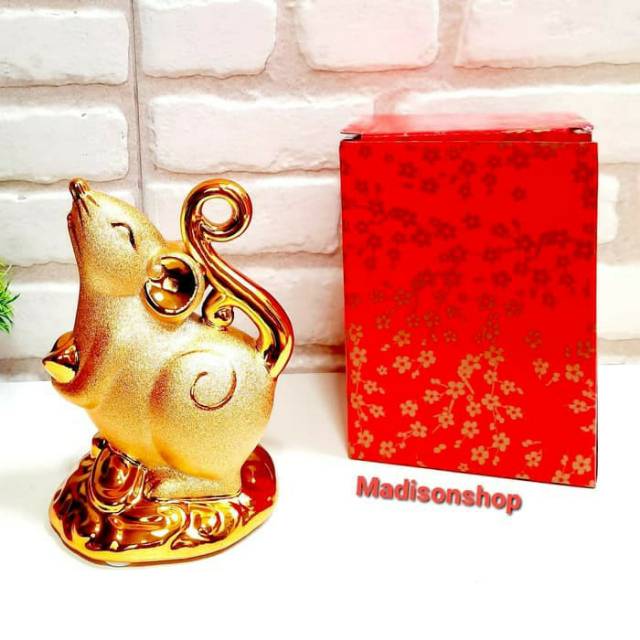 Patung Tikus Emas 1905 Celengan Keramik Tikus Hoki Gold Kado Ornamen