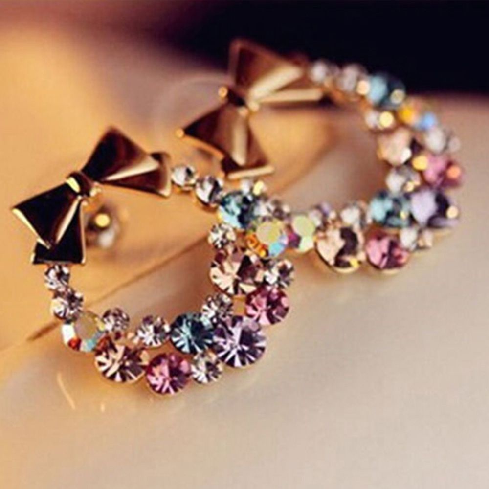 Needway  Jewelry 1 Pair Crystal Stud Gold Women Colorful Bowknot Ear Rhinestone Earring