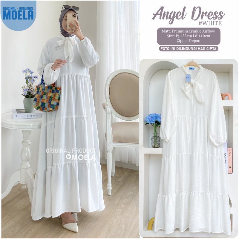 GAMIS DRESS ANGEL ORIGINAL MOELA 100% FASHION PUTIH tali leher  premium crinkle airflow//ZIPPERDEPAN