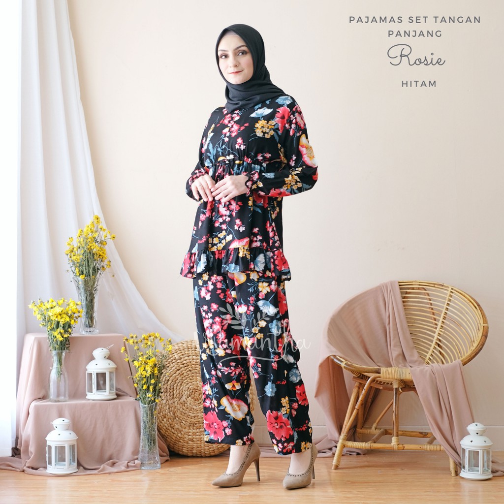 vSamantha - Pajamas Set / Piyama Set Muslim Rayon Rempel Busui Friendly - Tangan Panjang II-Rosie Hitam