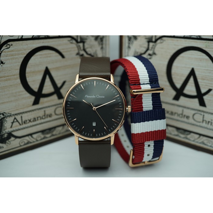 jam tangan alexandre christie AC 8420MD FREE TALI KANVAS COKLAT ROSEGOLD BLACK