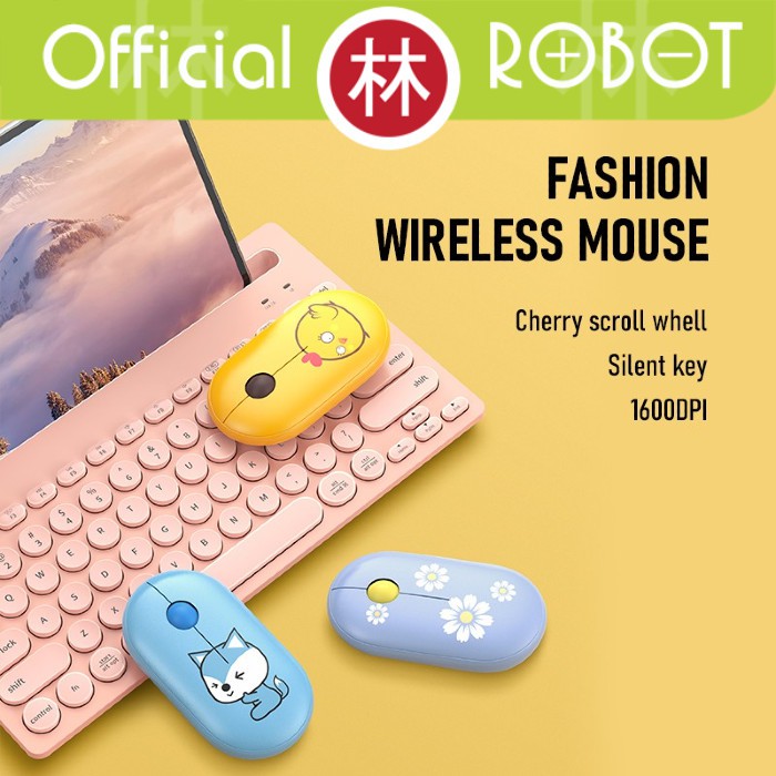 Robot M230 Wireless Mouse Silent Key Cherry Scroll Whell Motif Lucu