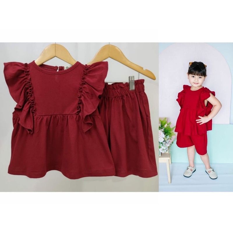 setelan anak bahan kaos premium perempuan MOZA MAROON POLOS  / setcel anak ruffle ori