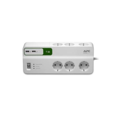 Surge protector Apc schneider 6 Ac outlet 72KA 2 usb port 2.4a 2m cable ground ok overload pm6u-gr - Stop kontak power strip